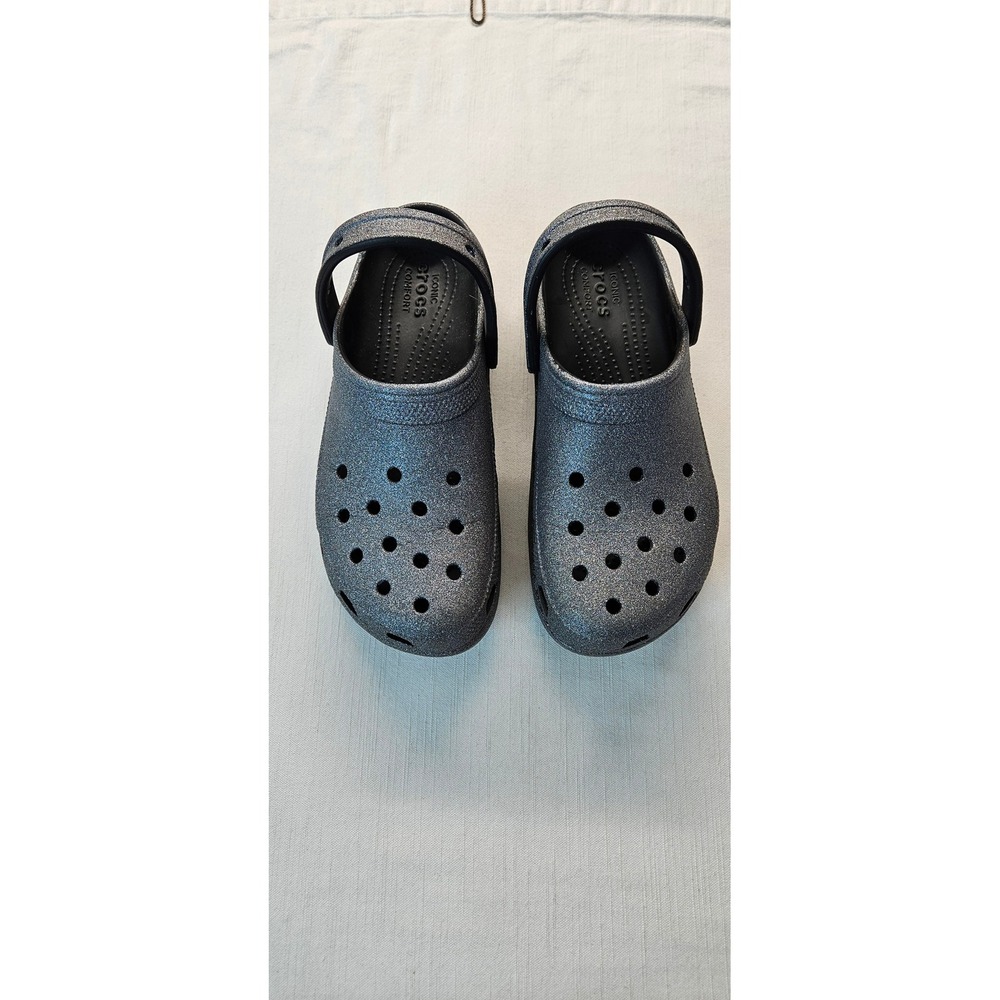 Crocs Classic Platform Glitter Clog Silver Black Sparkle Platform Sandals W8